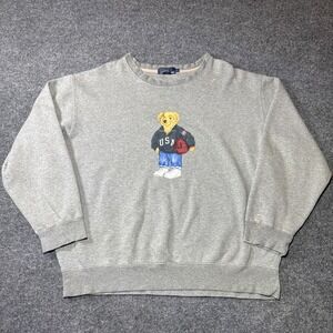 Vintage Men's Polo Ralph Lauren Grey USA Basketball Bear Fleece Sweatshirt XL